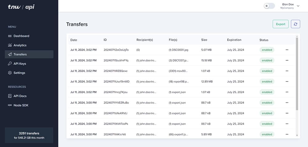 Dashboard de TransferNow API